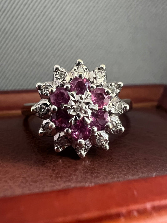 Vintage 9ct Yellow Gold Ruby & Diamond Cluster Ring - T