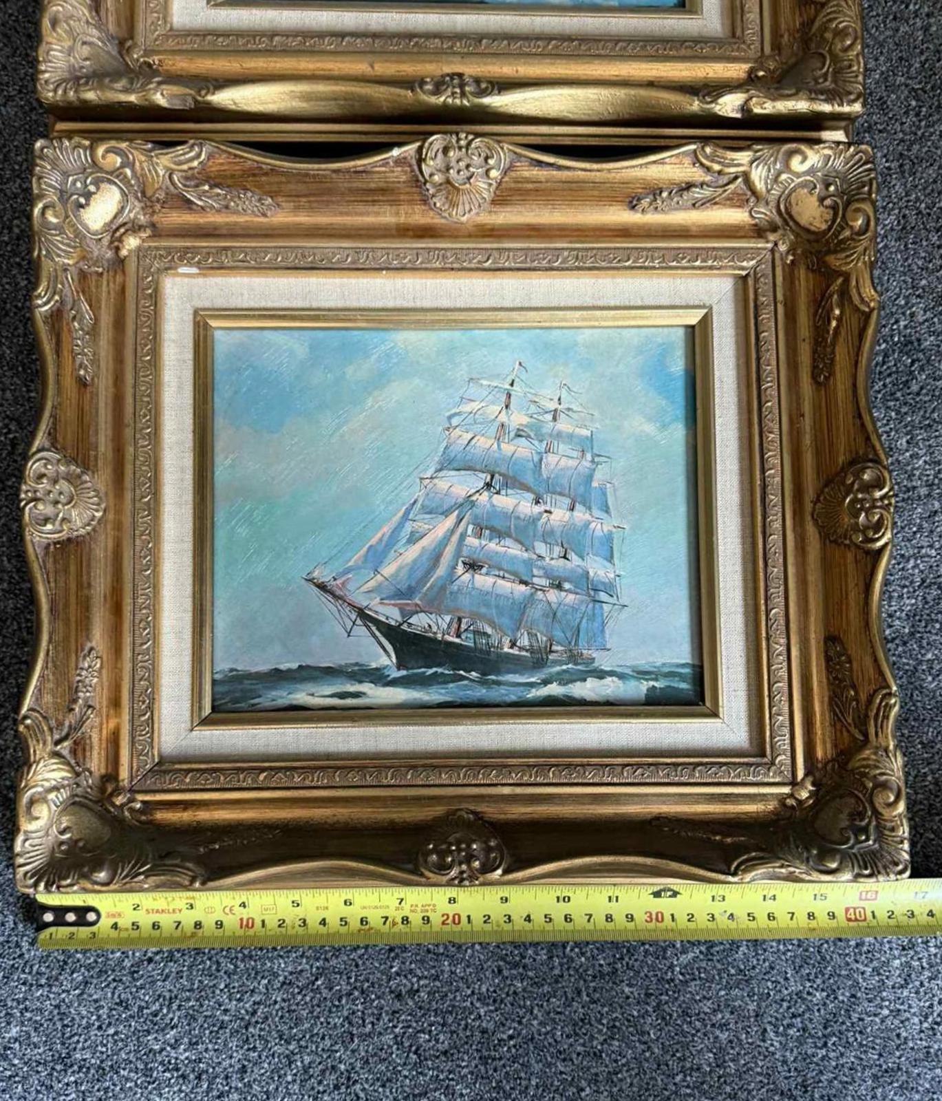 Vintage Ornate Framed Vibrant Maritime Oil Painting Set