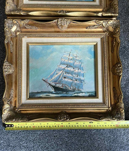 Vintage Ornate Framed Vibrant Maritime Oil Painting Set