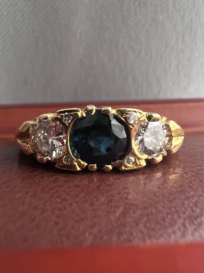 Antique 18ct Gold 1.00ct Sapphire & 0.50ct Diamond Trilogy Ring - M½