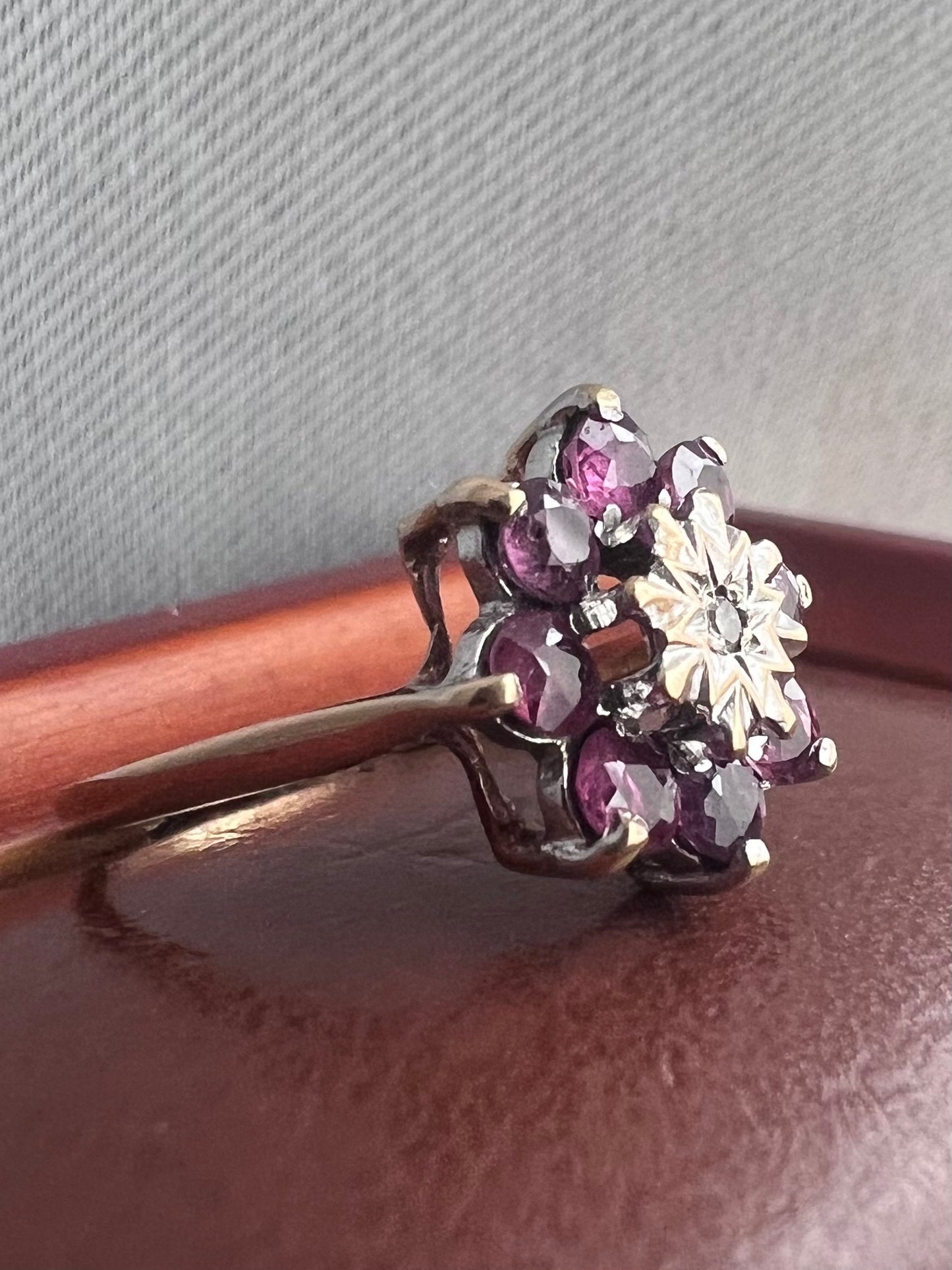 Vintage 9ct Yellow Gold Ruby & Diamond Cluster Flower Ring - L½