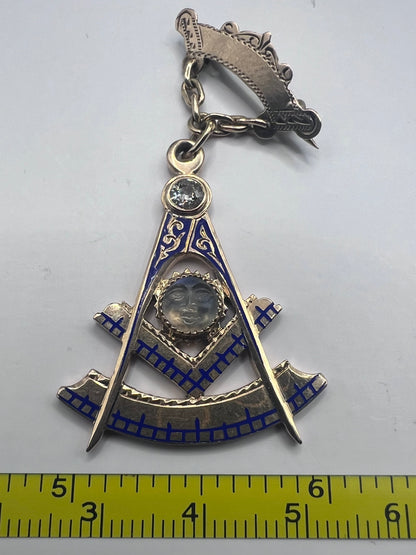 Rare 9ct Antique Diamond & Carved Moonstone Face Blue Enamel Masonic Pendant