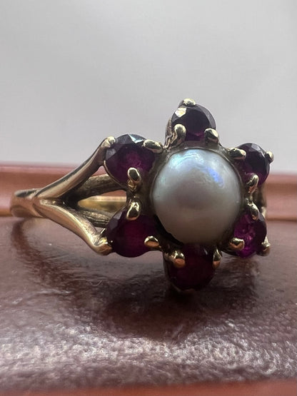 Vintage 9ct Yellow Gold Ruby & Pearl Ring - P