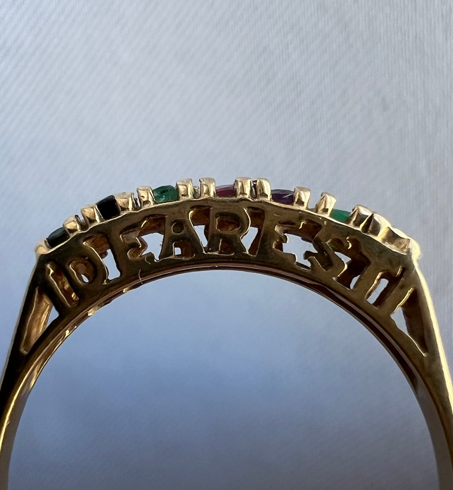 Vintage 9ct Yellow Gold Gem Set “Dearest” Ring - O