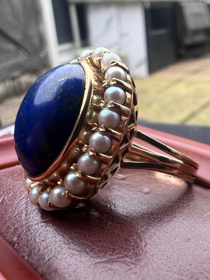 19ct Portuguese Lapis lazuli & Pearl Cluster Ring - M