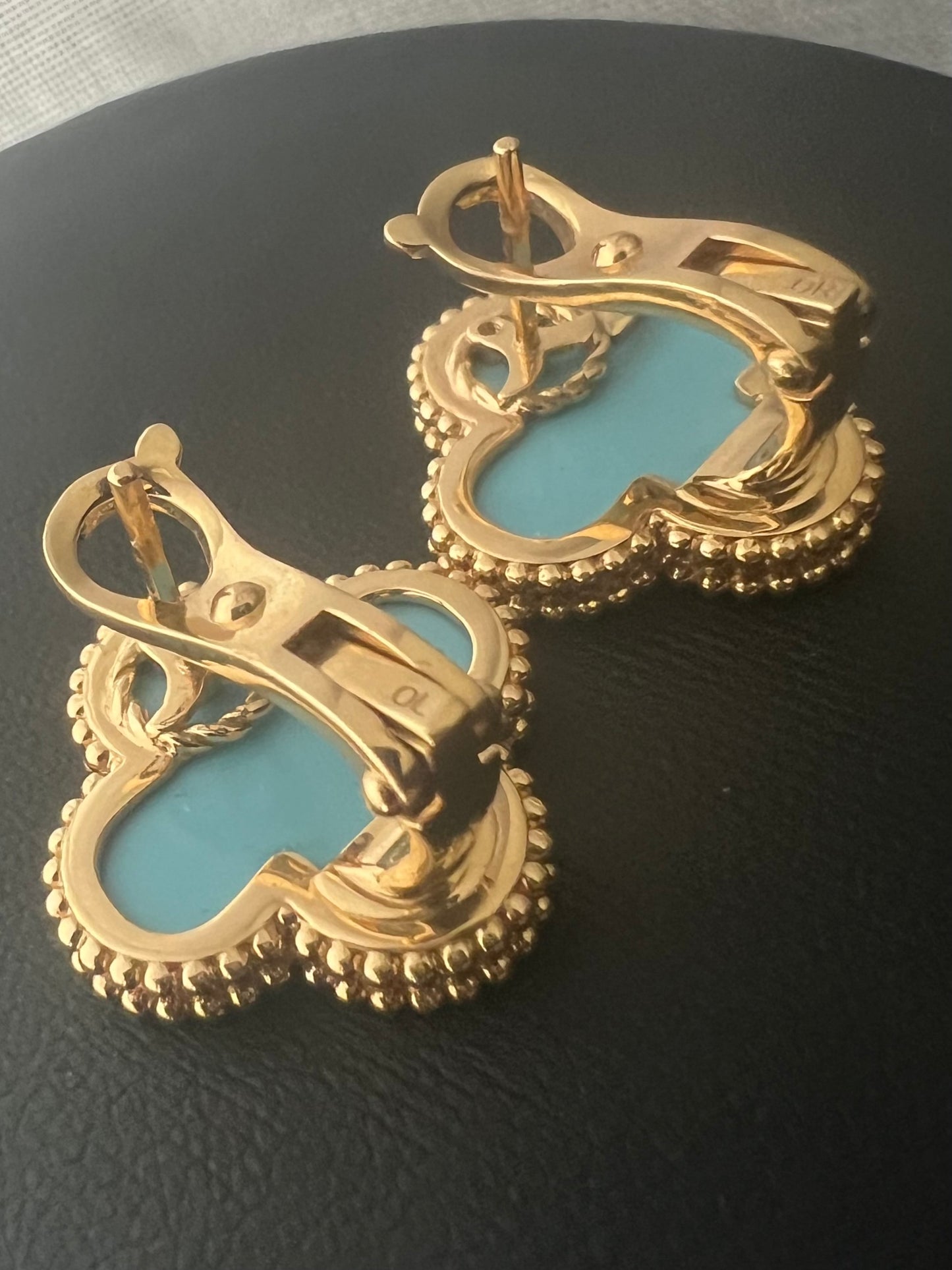 Van Cleef & Arpels Vintage 18K Gold Alhambra Turquoise Earrings  ~ 11.35 Grams