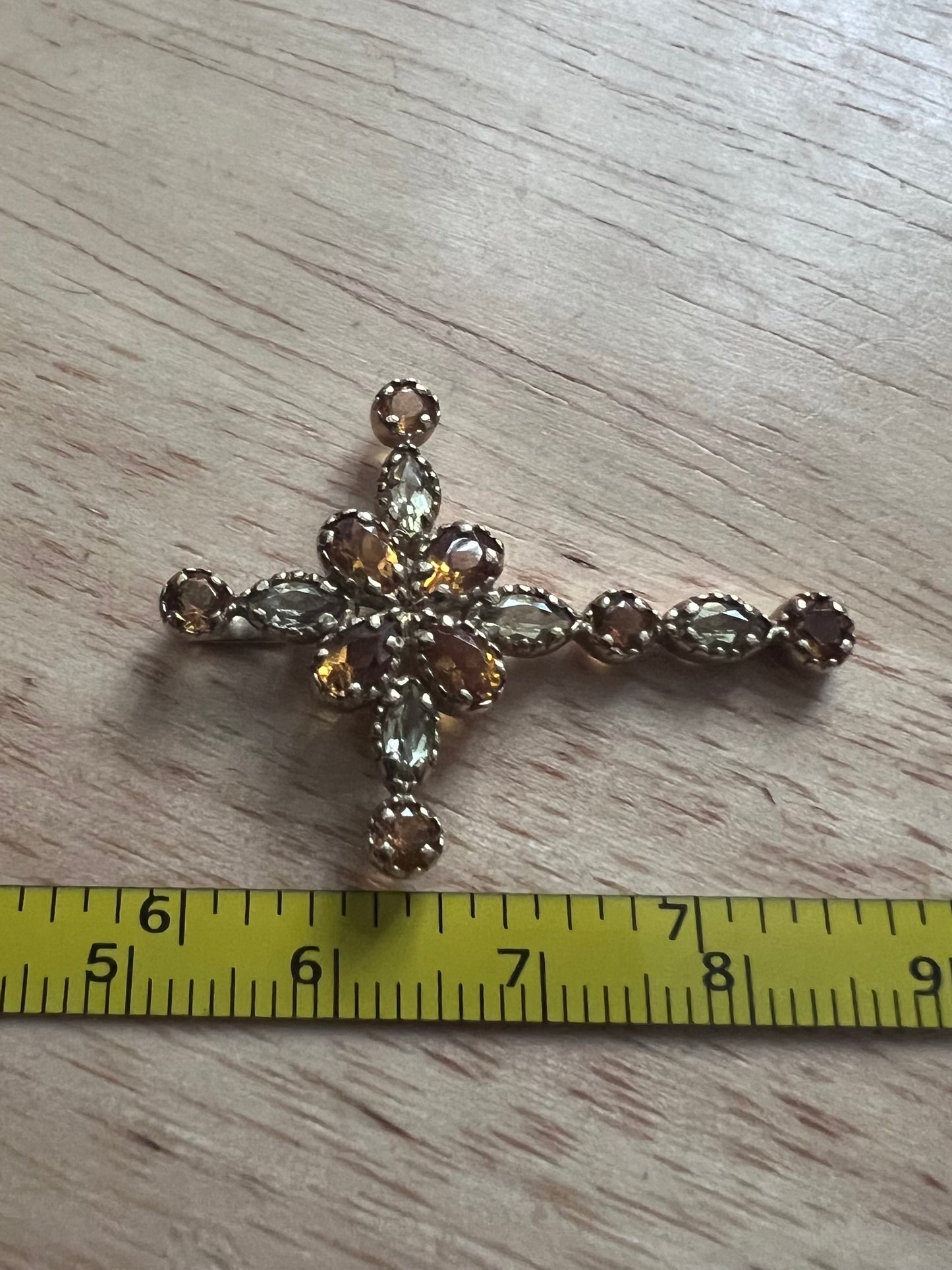 Unique 9ct Yellow Gold Multi Gem Set Cross Pendant - 2.73 Grams