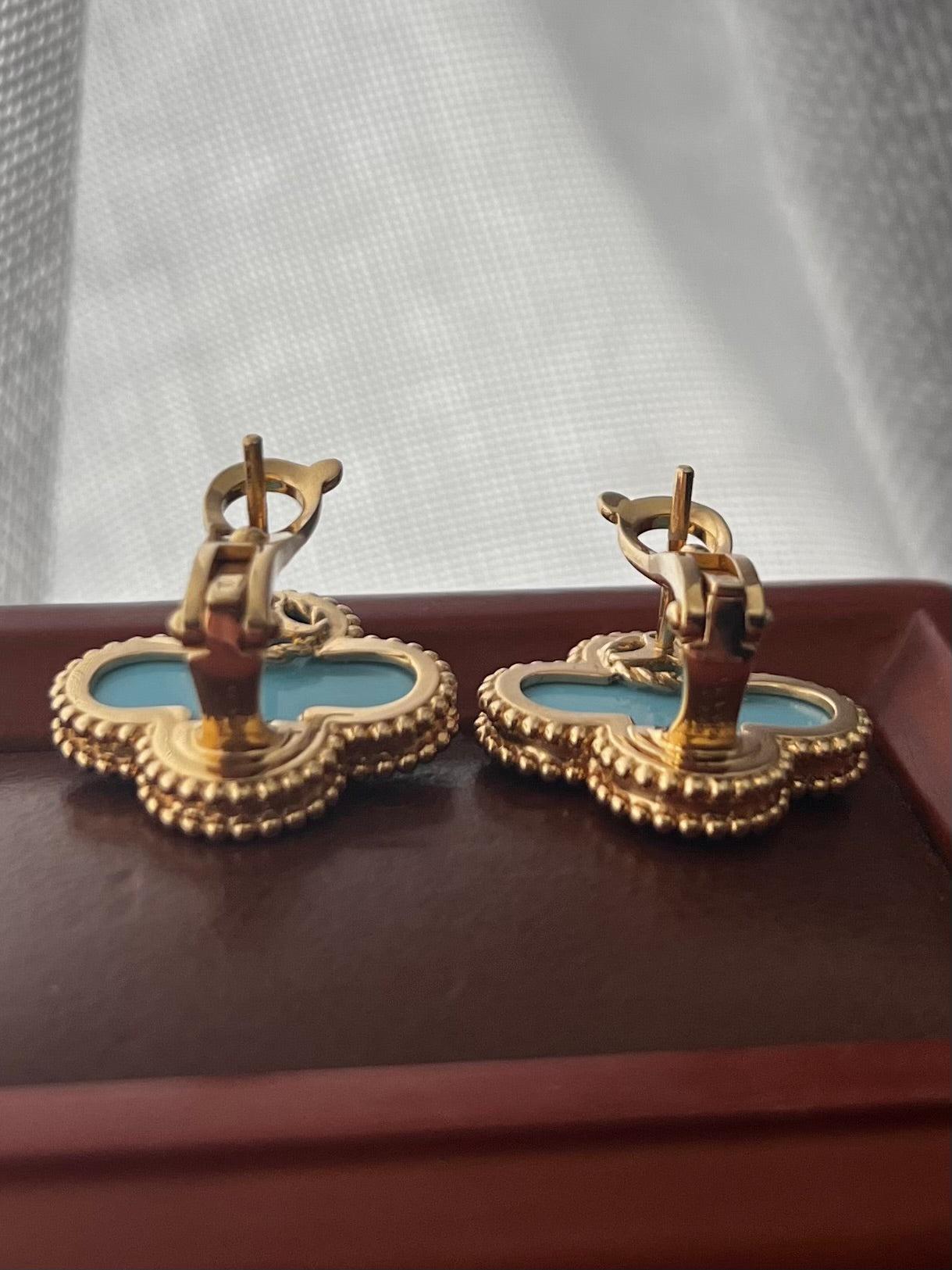 Van Cleef & Arpels Vintage 18K Gold Alhambra Turquoise Earrings  ~ 11.35 Grams