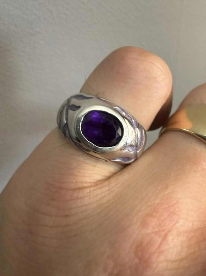 Quality 925 Sterling Silver Enamel & Amethyst Set Ring • 5.66 Grams • Size - M
