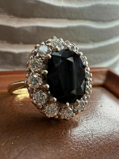 Vintage 18ct Yellow Gold 2ct Sapphire & 0.50ct Diamond Cluster Ring • Size - K½