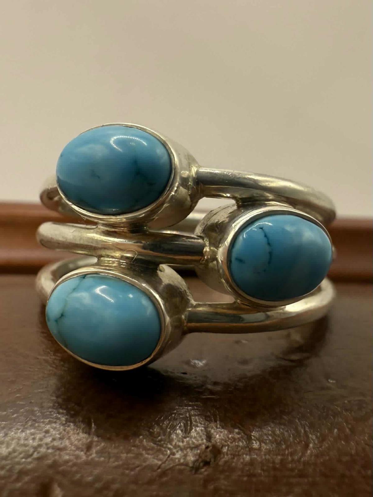Quality 925 Sterling Silver Turquoise Set Ring • Size - Q • 6.63 Grams
