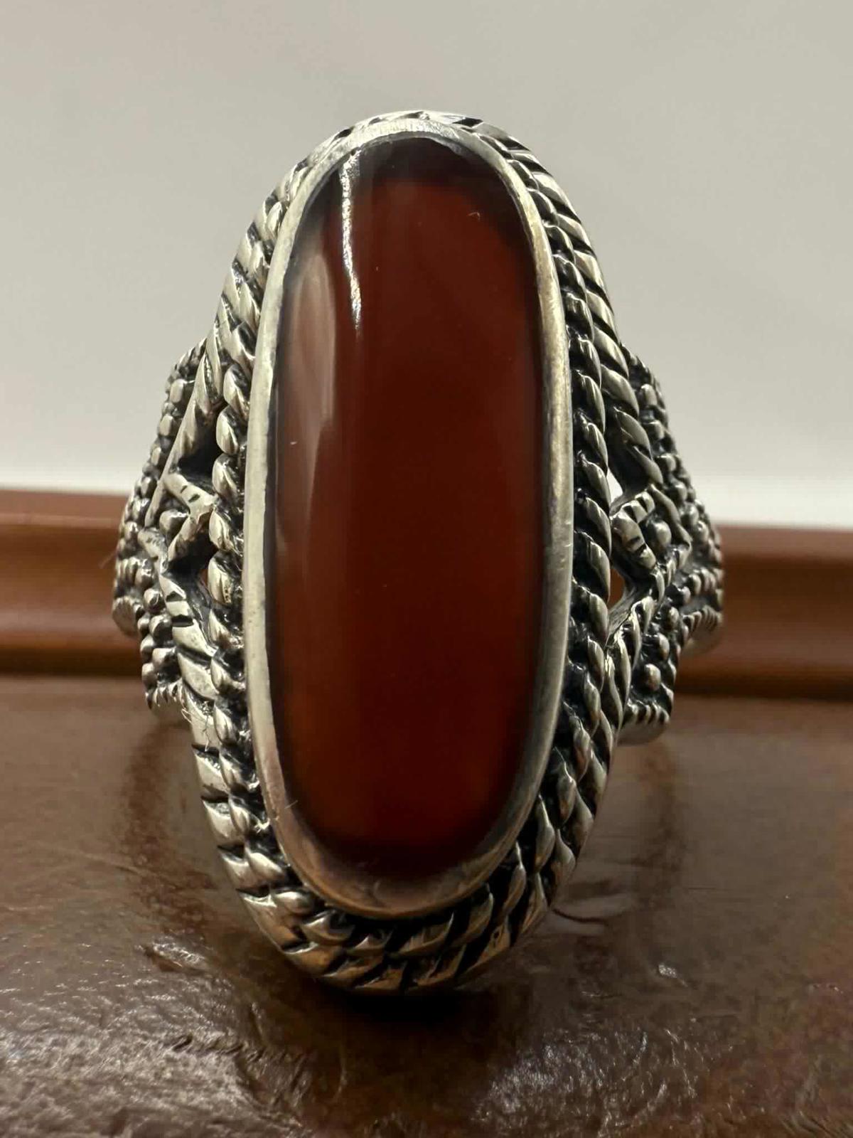 Quality 925 Sterling Silver Red Stone Set Ring • Size - P • 5.95 Grams