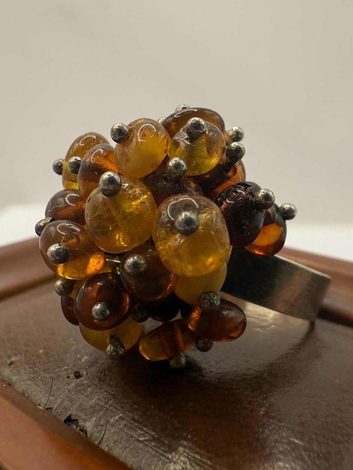 Unique 925 Sterling Silver Amber Cluster Ring • 7.46 Grams • Size - O½