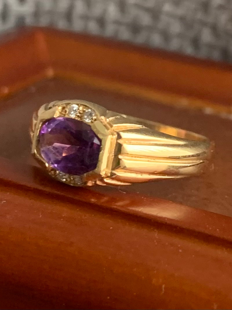 Vintage 14ct Yellow Gold Amethyst & Diamond Ring ~ 2.22 Grams ~ Size - L½