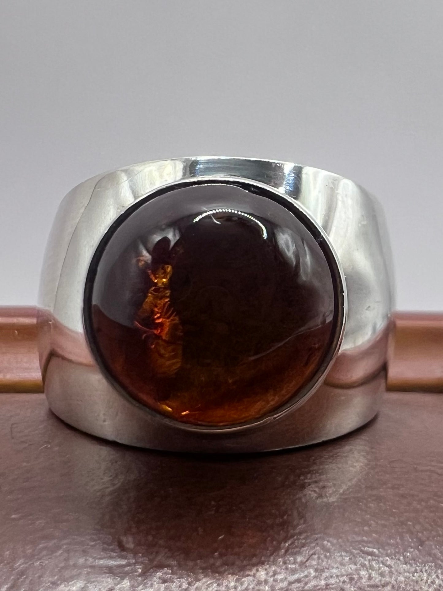 Quality 925 Mexican Silver Cabochon Amber Ring • Size - O½