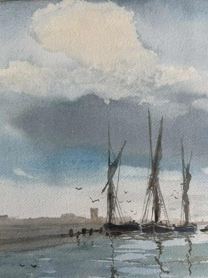 Vintage Watercolour of Boats on Norfolk Broads Gold Frame - Signed