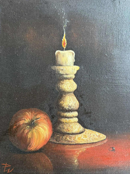 Vintage Still Life Oil Painting Of A Candle in Wooden Frame - Singed "PW"