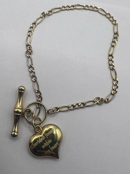 Quality 9ct Yellow Gold Heart Figaro Chain Bracelet • 7 Inch • 2.03 Grams
