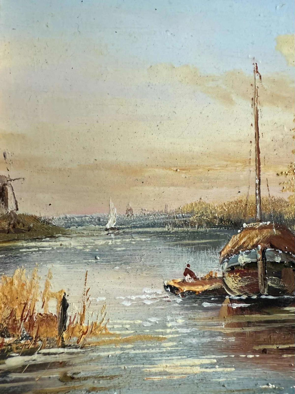 Vintage Framed Oil Painting Of Dutch Boats & Wind Mill - Signed - "Ivor Brough"