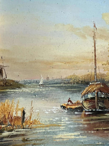 Vintage Framed Oil Painting Of Dutch Boats & Wind Mill - Signed - "Ivor Brough"