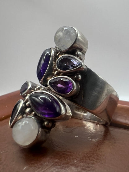 Unique 925 Sterling Silver Amethyst & Moonstone Ring - L
