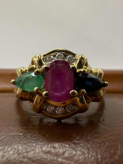 Quality 9ct Yellow Gold Ruby, Emerald, Sapphire & Diamond Set Ring • Size - L½