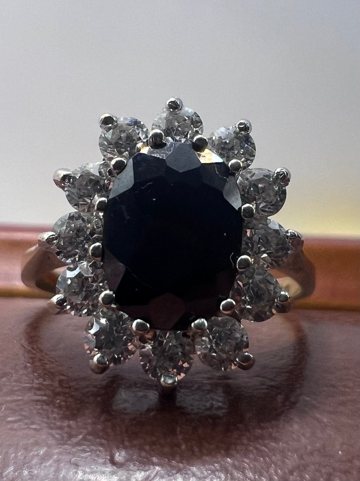 Vintage 9ct Yellow Gold Cz & Sapphire Cluster Ring - M½