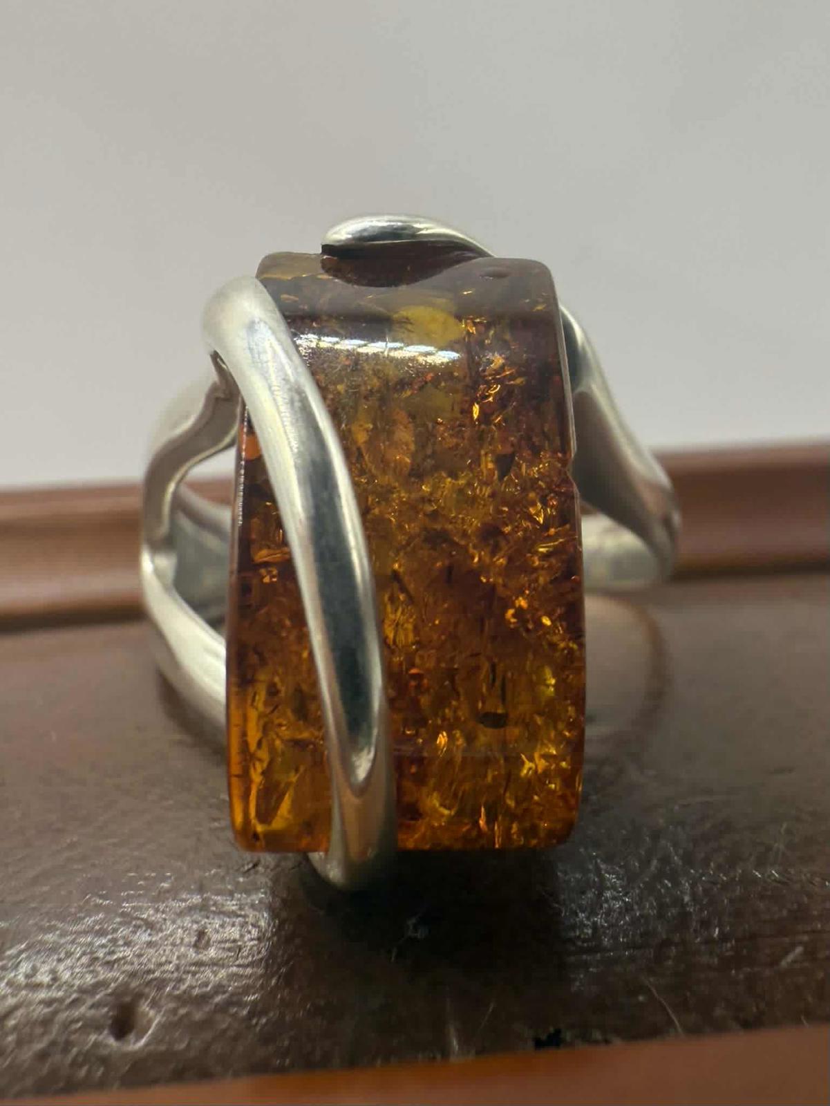 Quality 925 Sterling Silver Amber Set Ring• Size - S • 5.78 Grams