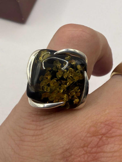 Quality 925 Sterling Silver Amber Set Ring • Size - N • 7.70 Grams