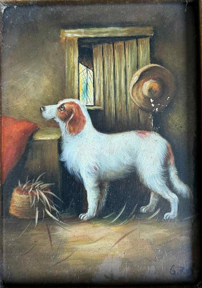 Charming Vintage Dog Painting in Ornate Frame - Singed "G Roy"