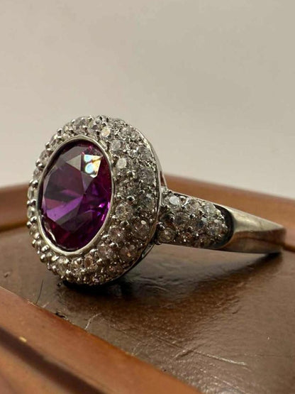 Quality 925 Sterling Silver Purple & White Stone Ring • 5.81 Grams • Size - T