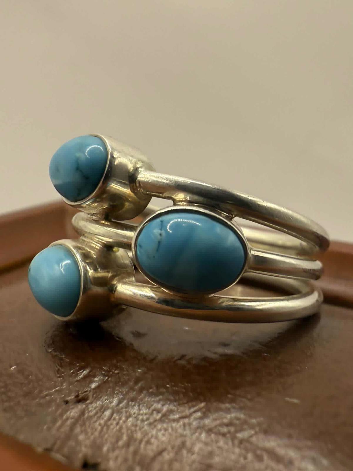 Quality 925 Sterling Silver Turquoise Set Ring • Size - Q • 6.63 Grams
