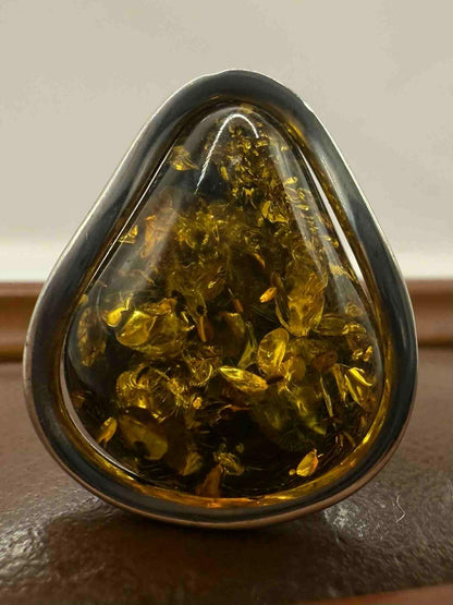 Quality 925 Sterling Silver Lively Amber Ring • Size - O½ • 6.60 Grams