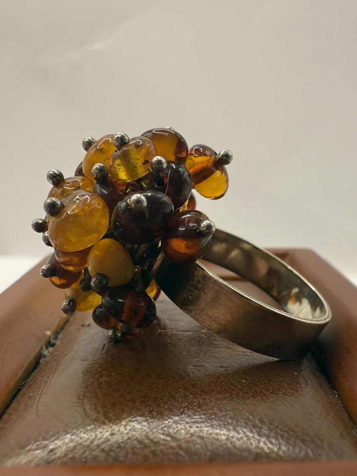 Unique 925 Sterling Silver Amber Cluster Ring • 7.46 Grams • Size - O½