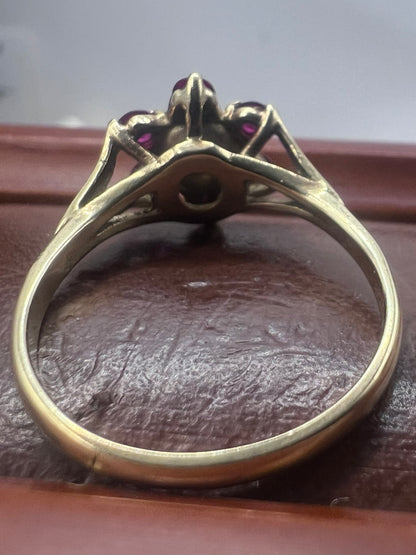 Vintage 9ct Yellow Gold Ruby & Pearl Ring - P
