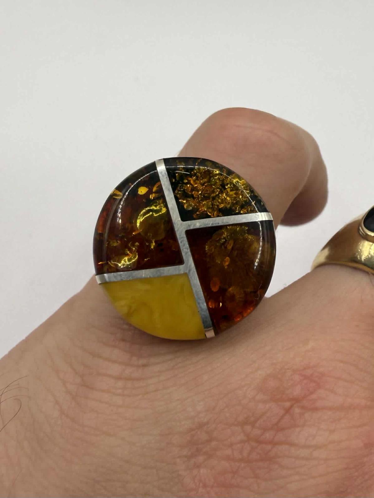 Quality 925 Sterling Silver Amber Mosaic Ring • Size - Q • 9.03 Grams
