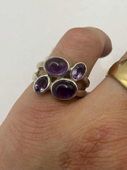 Quality 925 Sterling Silver Amethyst Cluster Ring • Size - P • 6.32 Grams