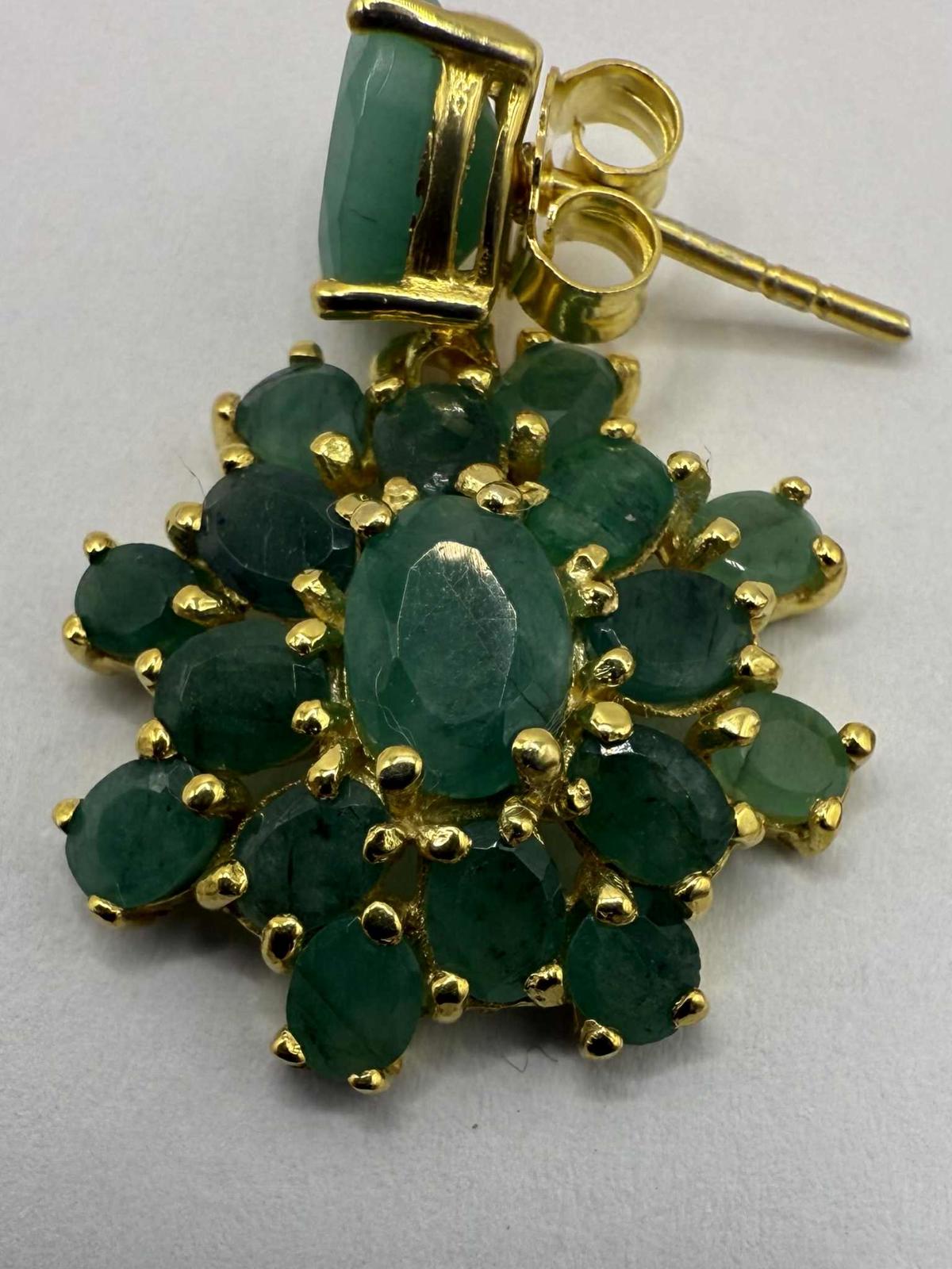 Quality 925 Gold Plated Emerald Cluster Dangle Earrings - 6.19 Grams