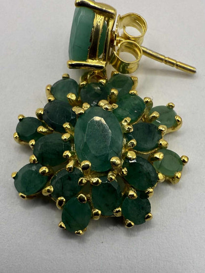 Quality 925 Gold Plated Emerald Cluster Dangle Earrings - 6.19 Grams