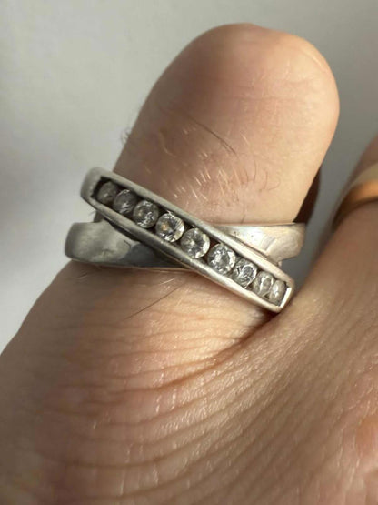 Quality 925 Silver White Stone Set Cross Over Ring • Size - P • 4.33 Grams