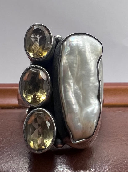Unique 925 Citrine & Pearl Set Ring ~ 11.32 Grams ~ Size - Q