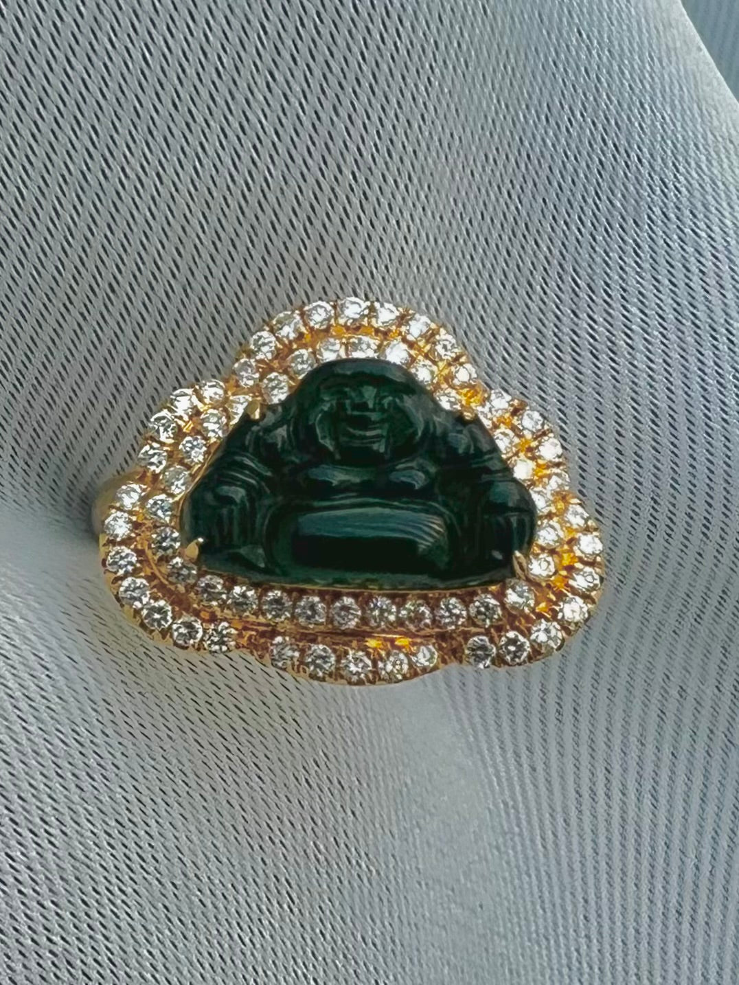 18ct Yellow Gold Jade Buddha & Diamond Set Ring - Q