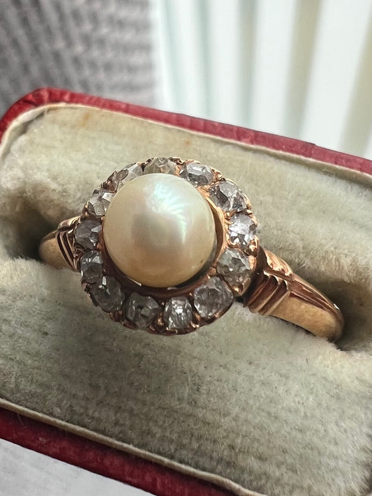 Antique 15ct Rose Gold Pearl & Old Cut Diamond 0.65ct Cluster Ring - K