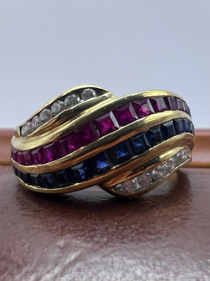 Quality 18ct Yellow Gold Sapphire, Ruby & Diamond Ring - N
