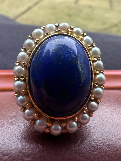19ct Portuguese Lapis lazuli & Pearl Cluster Ring - M