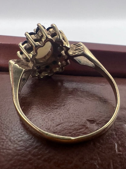 Vintage 9ct Yellow Gold Opal & Sapphire Cluster Ring - N½