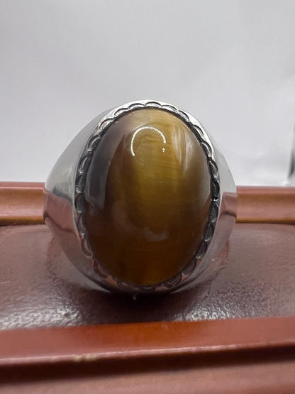 Heavy 925 Sterling Silver Tiger Eye Signet Ring - Z+3½