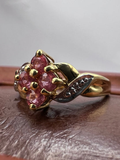 Quality 18ct Yellow Gold Pink Sapphire & Diamond Ring - O