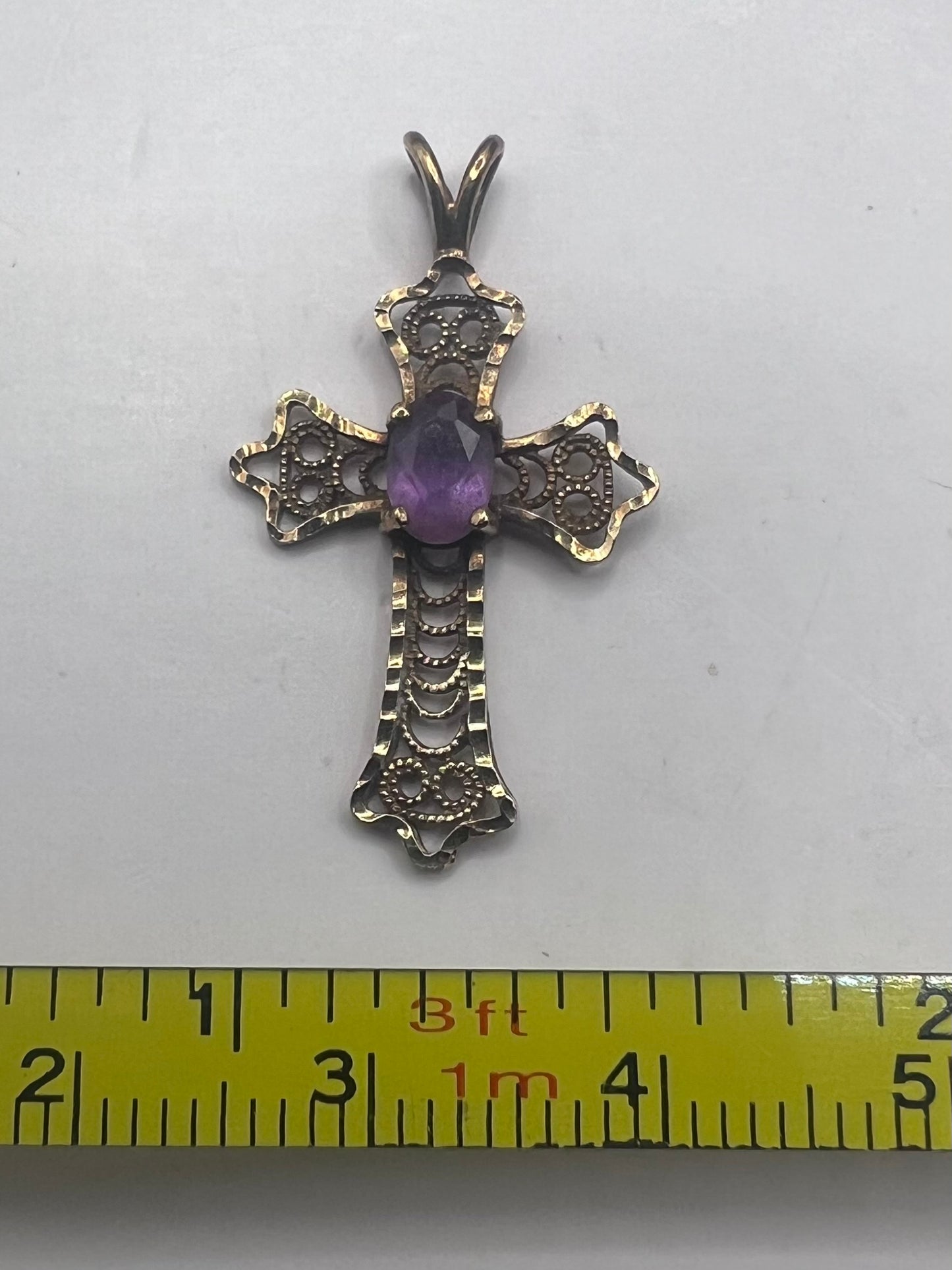 Vintage 9ct Yellow Gold Amethyst Cross Pendant • 1.18 Grams