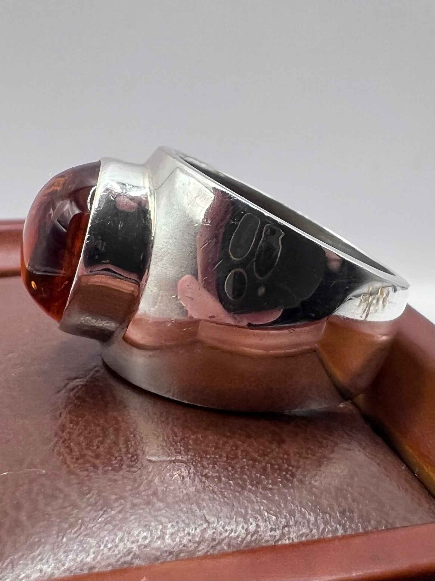 Quality 925 Mexican Silver Cabochon Amber Ring • Size - O½